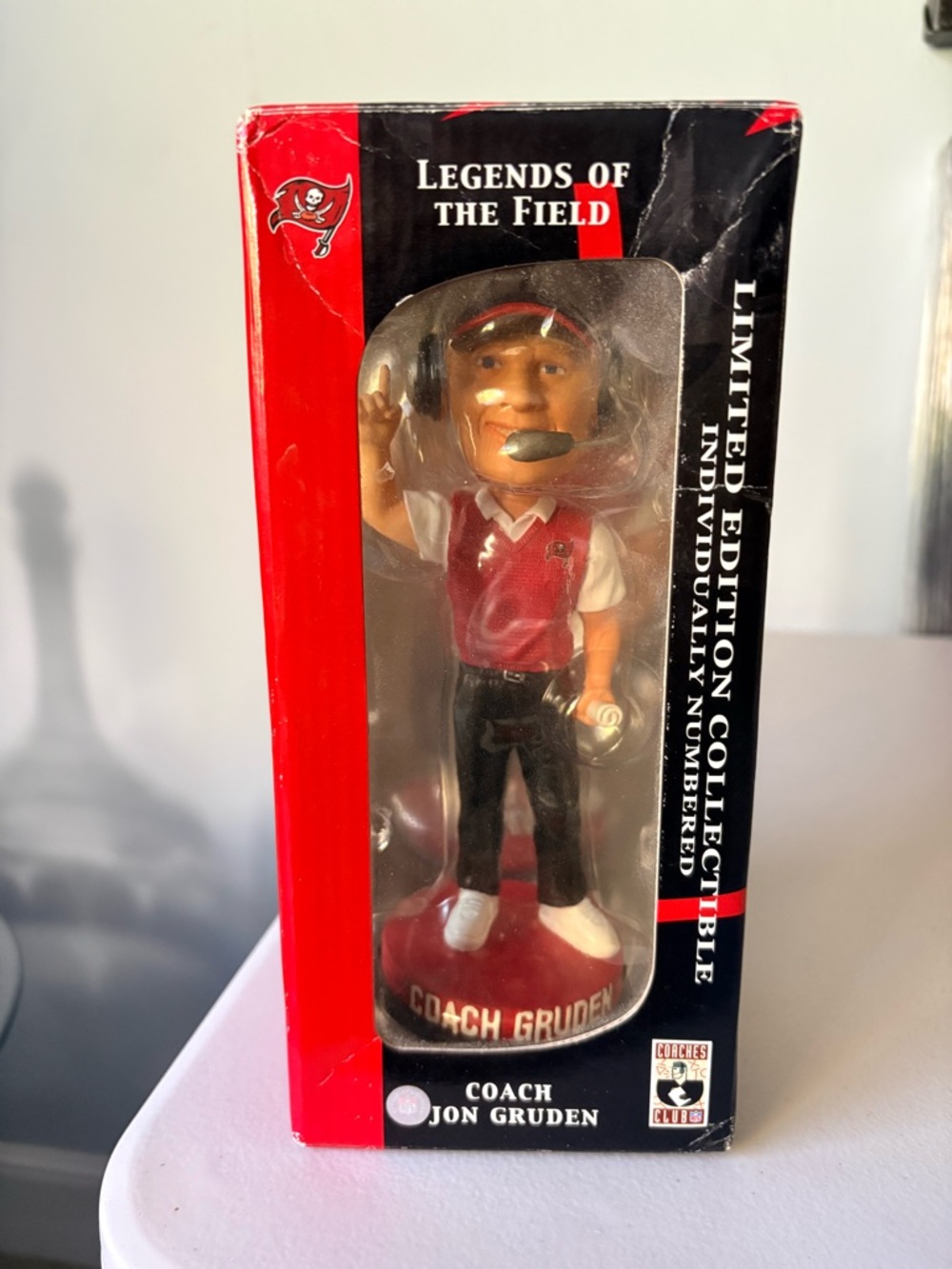 Coach Jon Gruden Bobble Head in Tampa Bay Buccaneers Collectible Box.